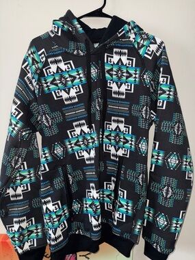 Black Aztec Zip-Up Hoodie with Teal & White Pattern